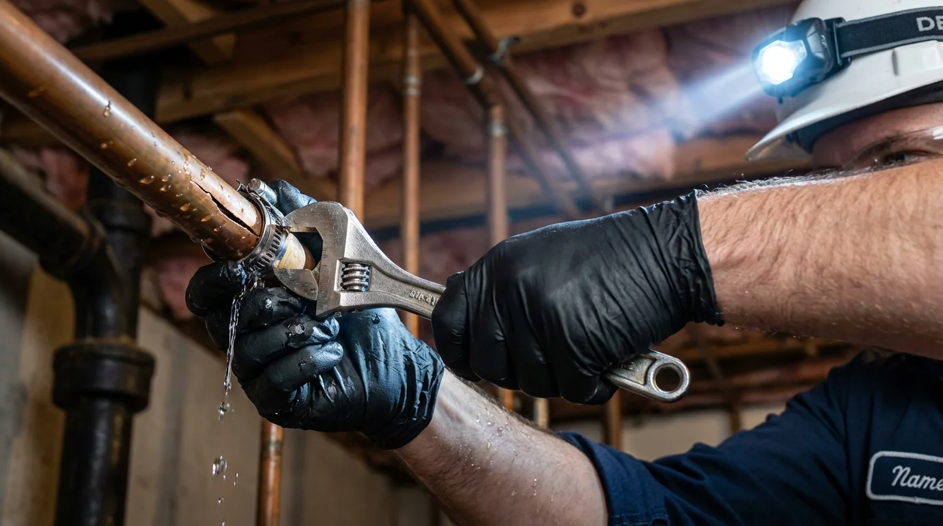 Emergency pipe clamp repair being performed by a Johns Plumbing LLC plumber in Dumas