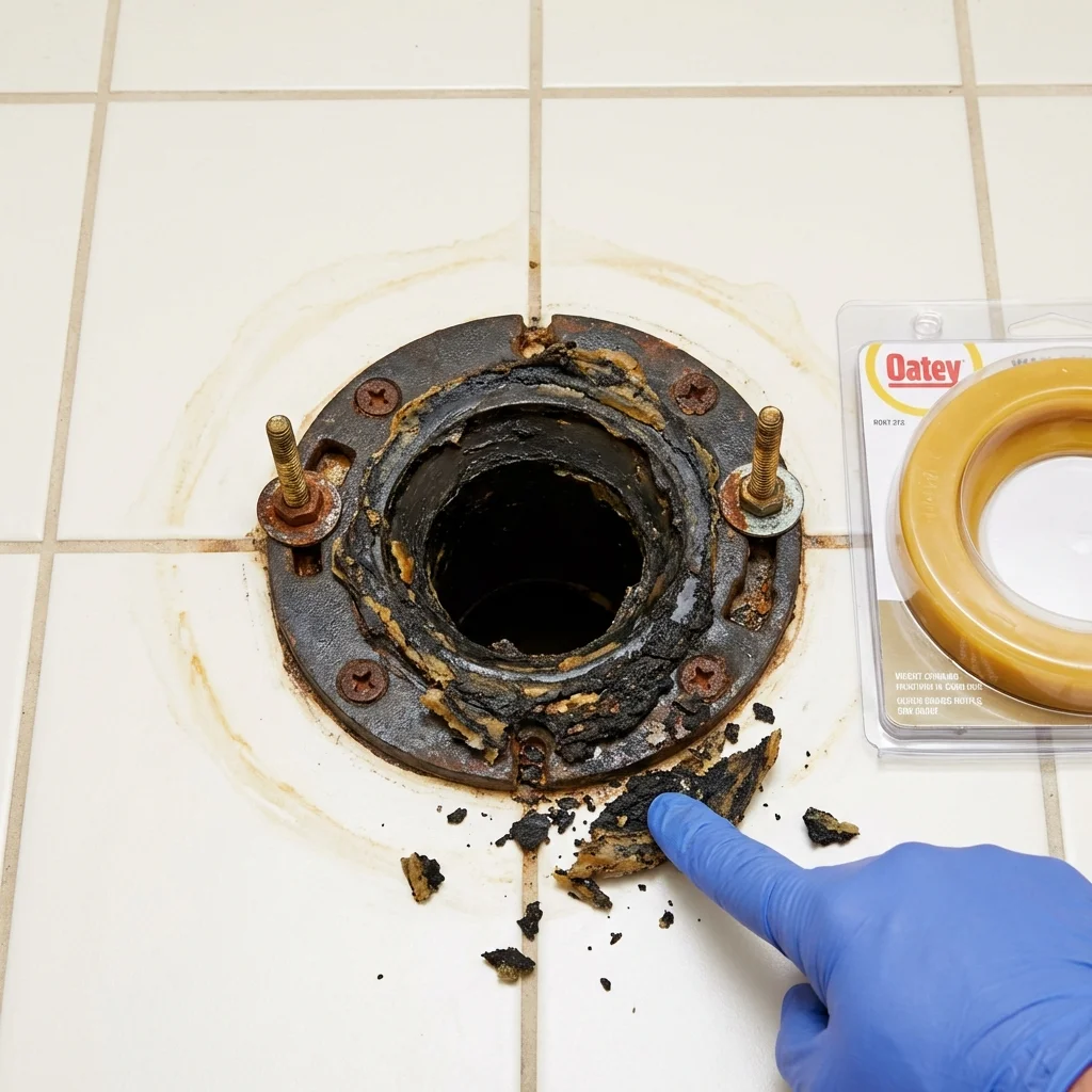 Failed wax ring showing water seepage at the base of a toilet in a Dumas, AR home