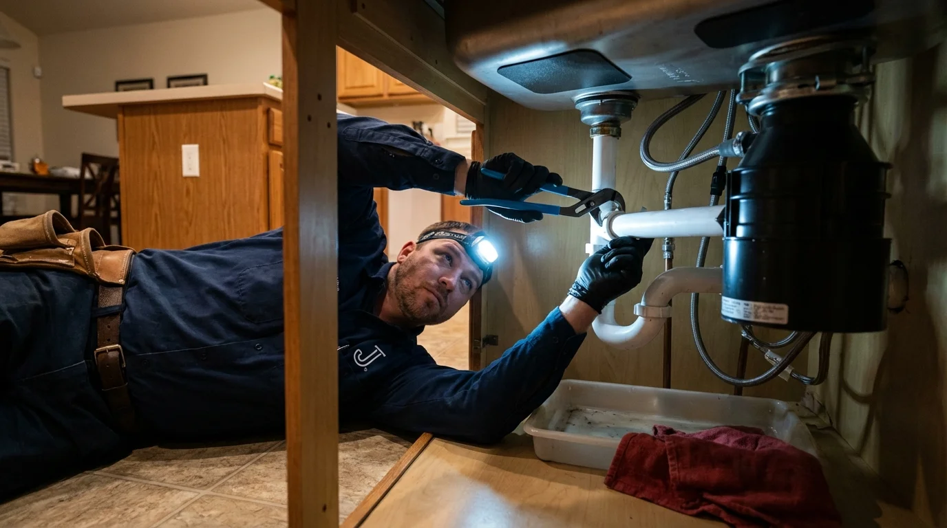 P-trap and supply line connections under a kitchen sink showing a common leak point in Dumas, AR
